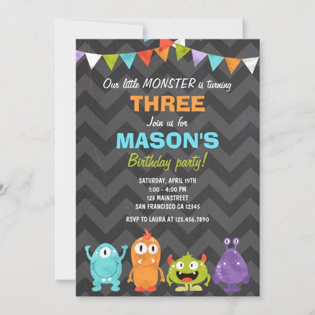 Little Monster Birthday Party Invitation Chalk (Front)