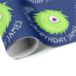 Little Monster Blue Green Personalised Wrapping Paper