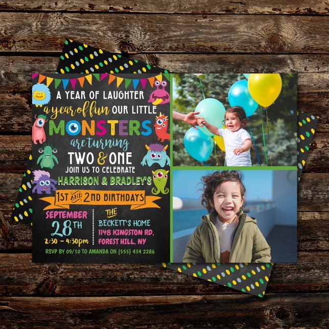 Little Monster Chalkboard 1st & 2nd Joint Birthday Invitation (Creator Uploaded)