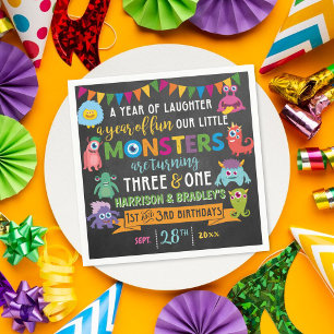 Little Monster Chalkboard 1st & 3rd Joint Birthday Napkin