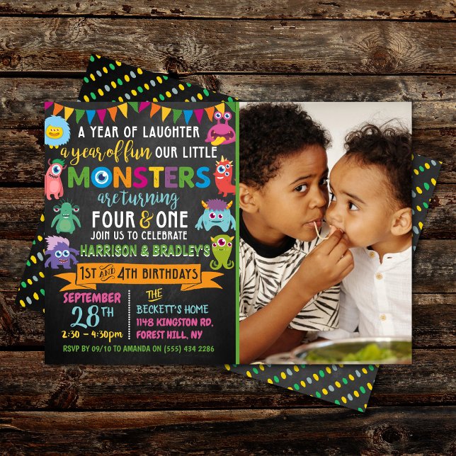 Little Monster Chalkboard 1st & 4th Joint Birthday Invitation (Creator Uploaded)