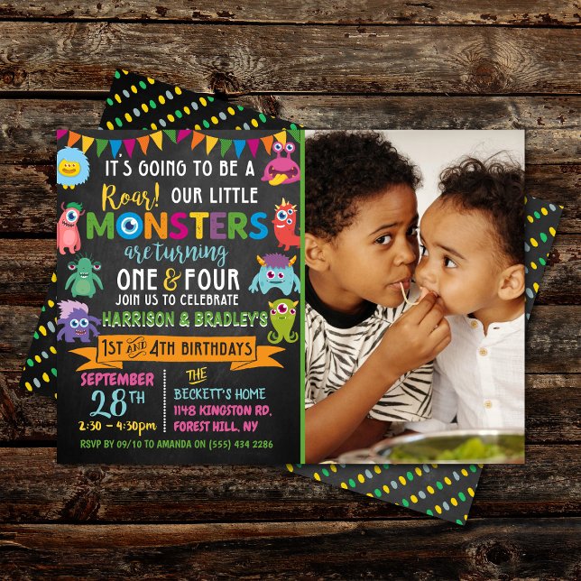 Little Monster Chalkboard 1st & 4th Joint Birthday Invitation (Creator Uploaded)