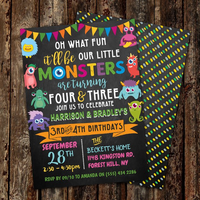 Little Monster Chalkboard 3rd & 4th Joint Birthday Invitation (Creator Uploaded)
