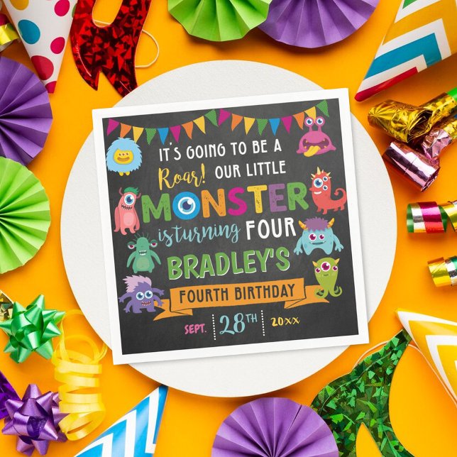 Little Monster Chalkboard 4th Birthday Party Napkin (Creator Uploaded)