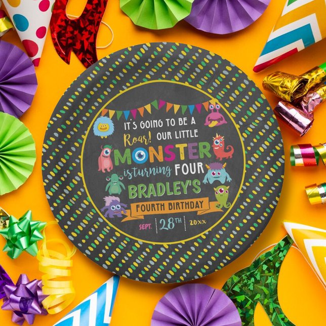 Little Monster Chalkboard 4th Birthday Party Paper Plate (Creator Uploaded)