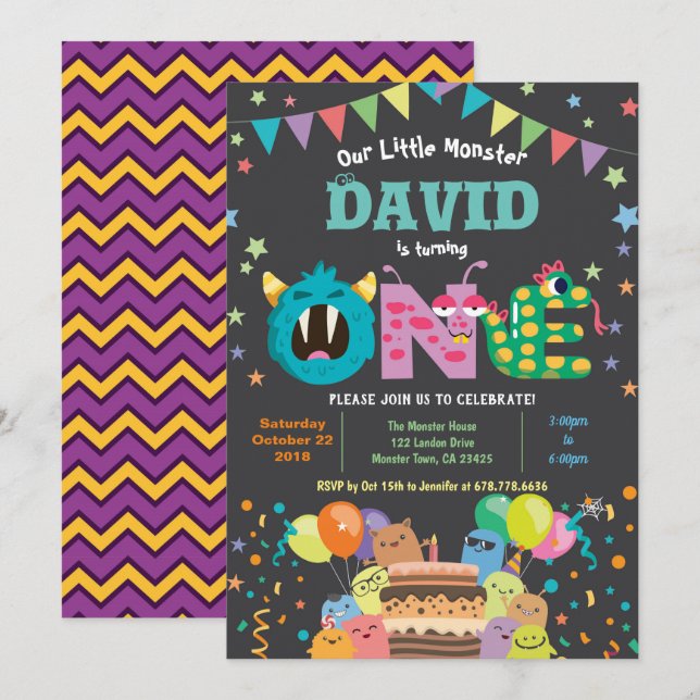 Little monster first birthday party. Boy 1st bday Invitation (Front/Back)