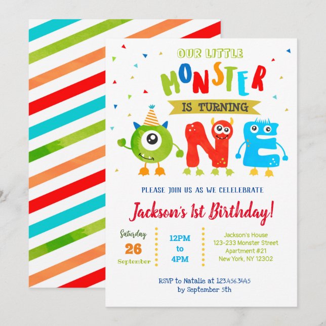 Little Monster First Birthday Party Invitations  (Front/Back)