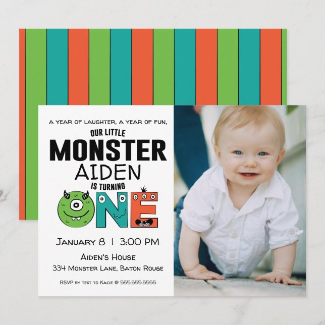 Little Monster First Birthday Photo Invitation (Front/Back)