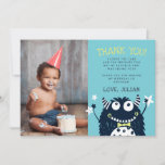 Little Monster | Flat Thank You Photo Card<br><div class="desc">Cute flat thank you cards for your little monsters birthday feature a cute smiling monster illustration sporting a dapper lime green bow tie, on a turquoise background. Personalize with your message of thanks and the birthday boy's name. Finish by adding a special photo of the birthday boy at the left....</div>