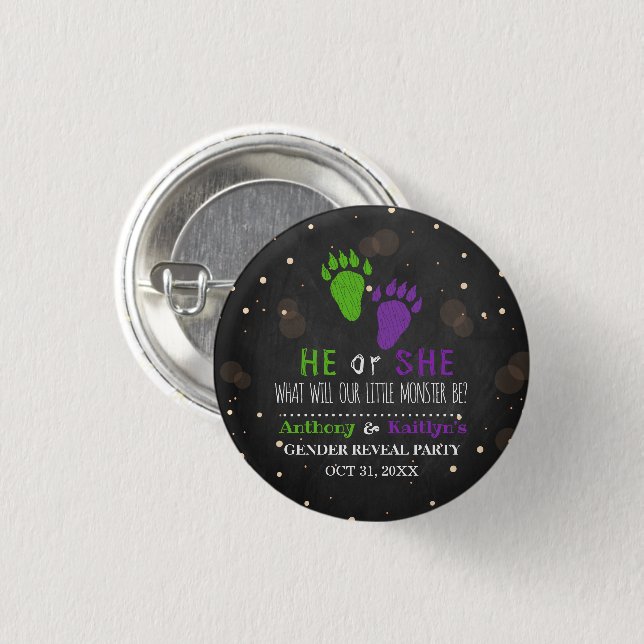 Little Monster Halloween Gender Reveal Party 1 Inch Round Button (Front & Back)