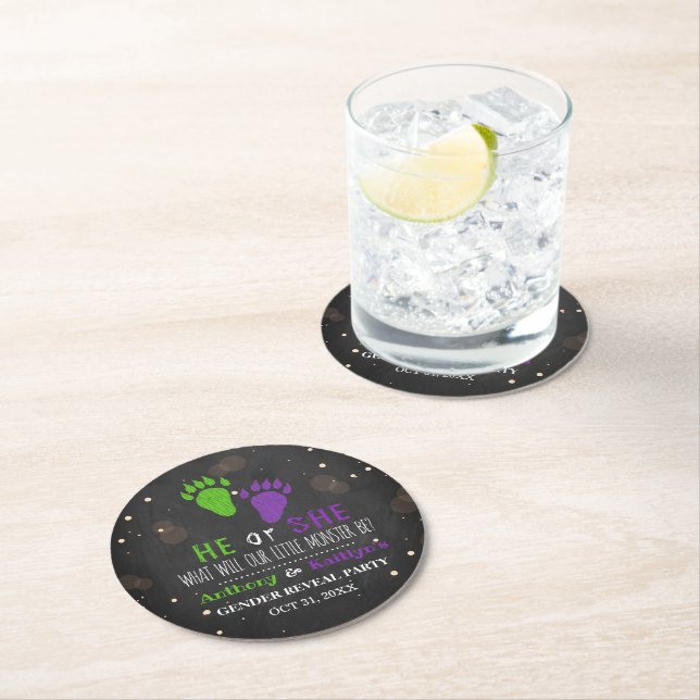 Little Monster Halloween Gender Reveal Party Round Paper Coaster (Insitu)