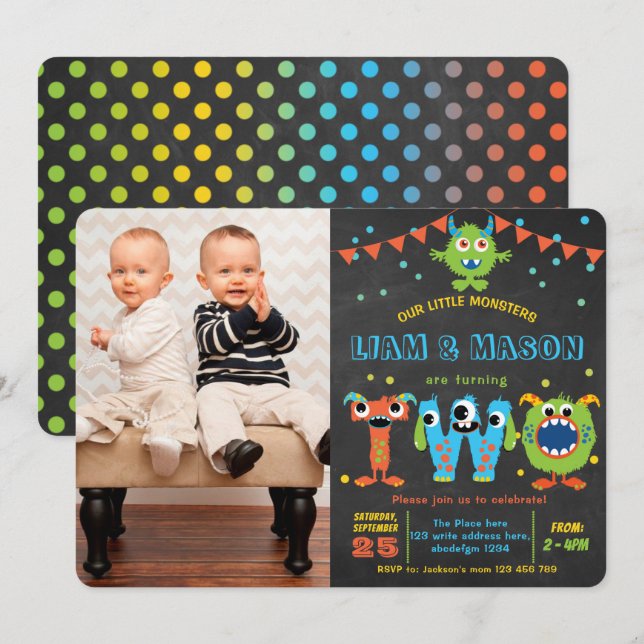 Little Monster party boy 2nd birthday photo Invitation (Front/Back)