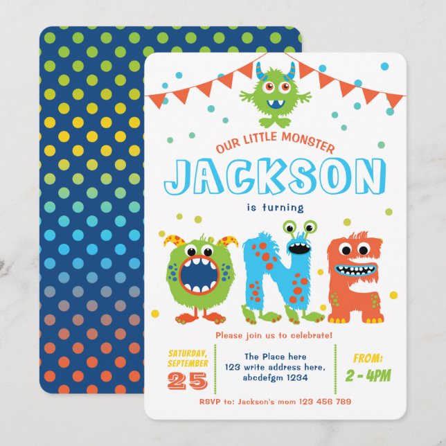 Little Monster themed boy 1st birthday Invitation (Front/Back)