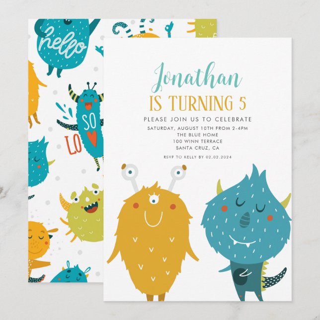 Little Monsters Blue and Yellow Birthday Party Invitation (Front/Back)