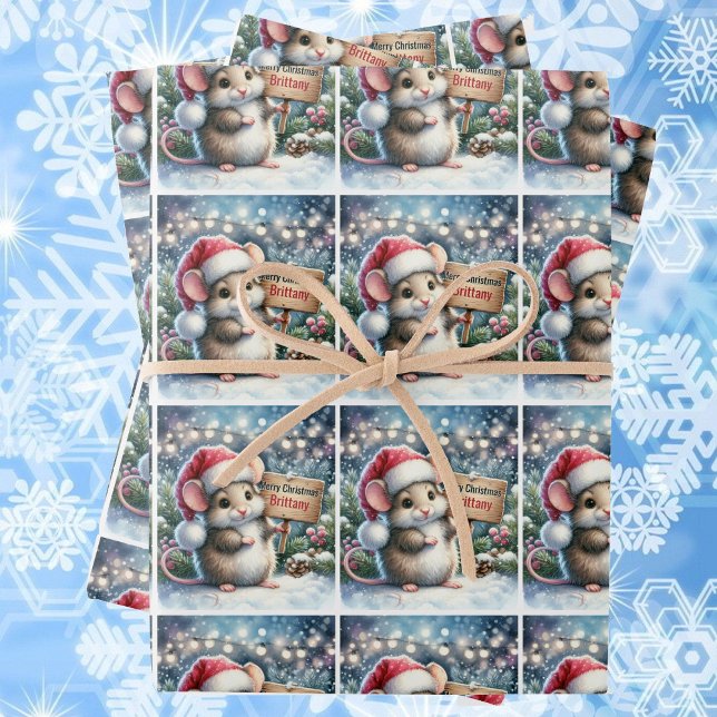 Little Mouse Personalize Name Girl's Christmas Wrapping Paper Sheet (Creator Uploaded)