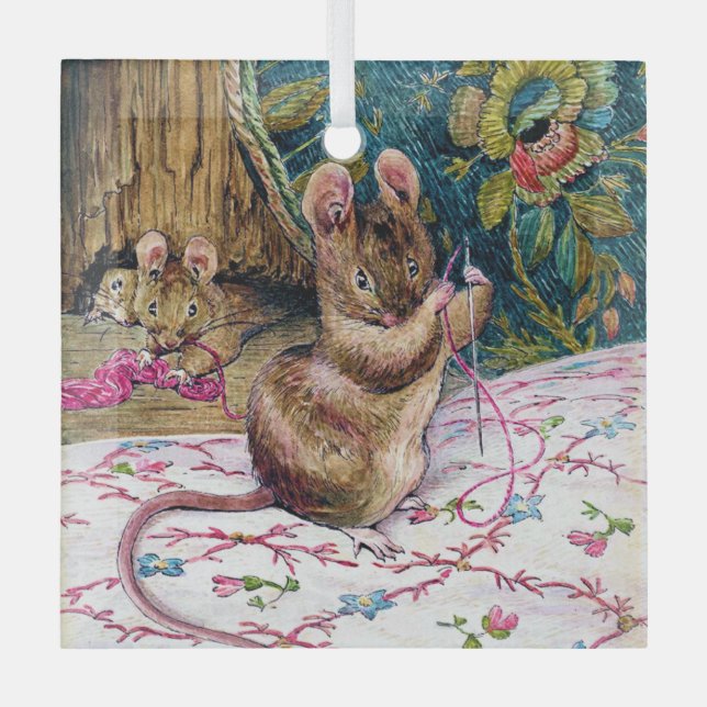 Little Mouse Threading a Needle Glass Ornament (Front)