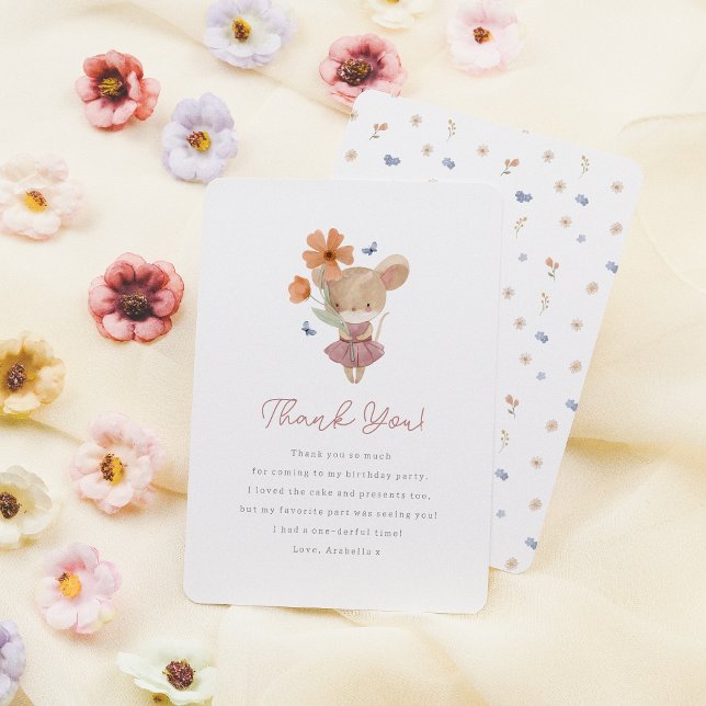 Little Mouse Wild One Boho Wildflower 1st Birthday Thank You Card (Card Front & Back Mock-up)