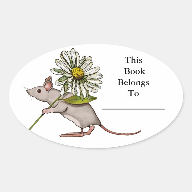 Little Mouse With Big Daisy Flower: Book Plate Oval Sticker (Front)
