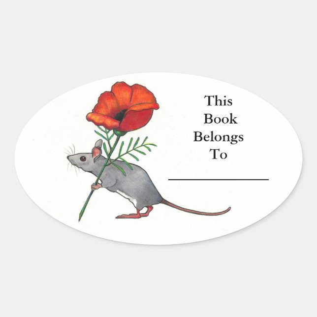 Little Mouse With Big Flower: Book Plate Oval Sticker (Front)