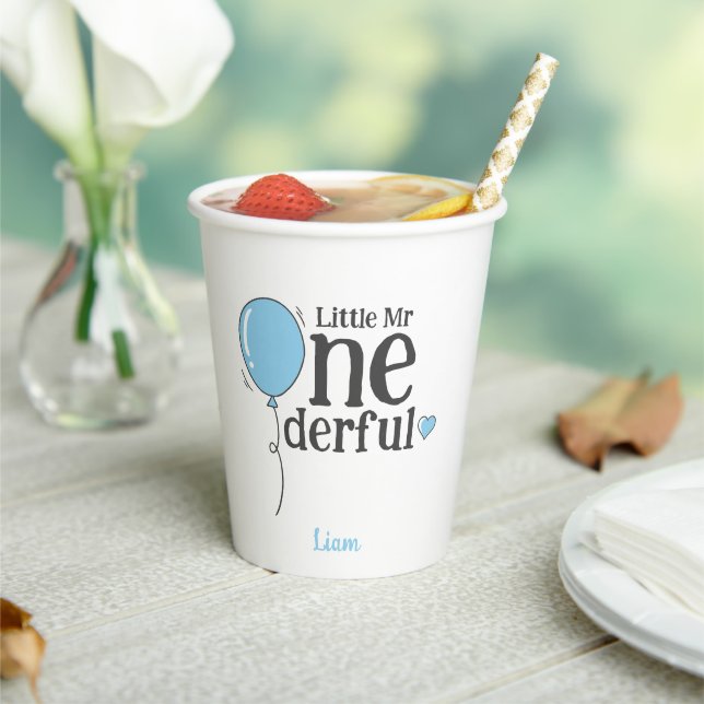 Little Mr Onederful First Birthday Blue Customized Paper Cups (Insitu)