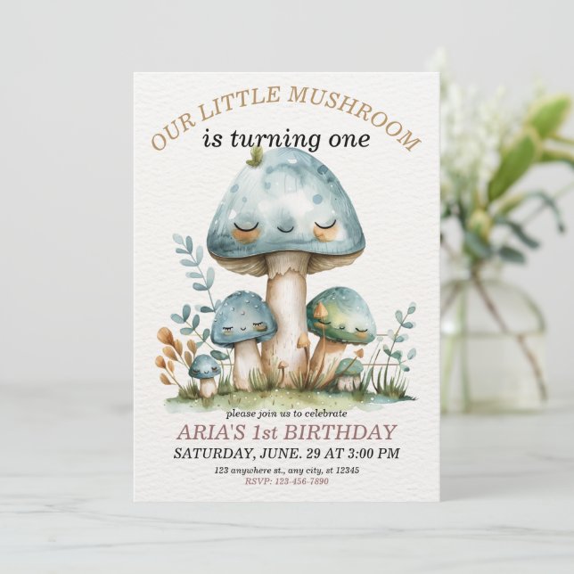Little mushroom whimsical forest,1st Birthday  Invitation (Standing Front)