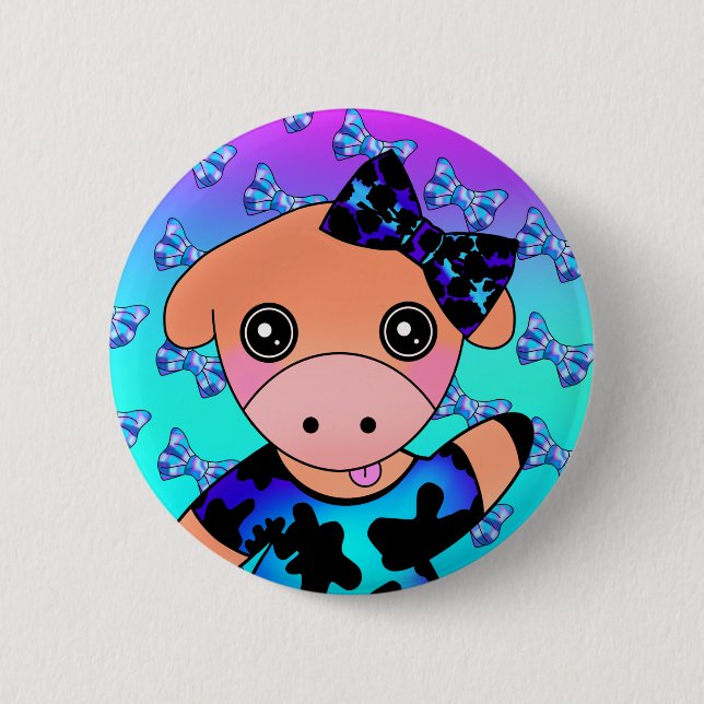 Little Naughty Smiling Cow with Cute Bow 2 Inch Round Button (Front)