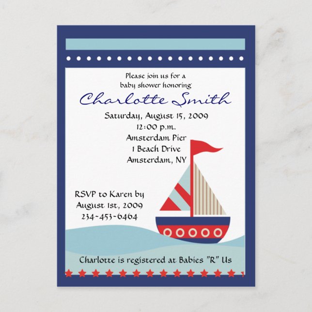 Little Navy Blue Sail Boat Baby Shower Invitation (Front)