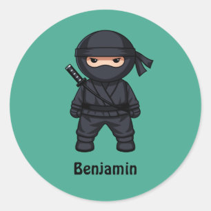 Little Ninja Warrior on Green Custom Text Classic Round Sticker