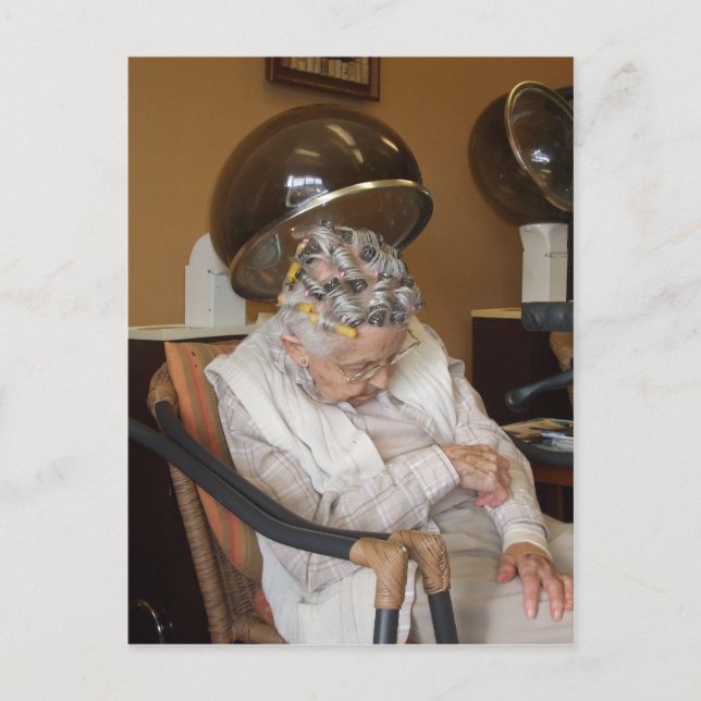 LIttle Old Lady Sleeping Under Hair Dryer Postcard (Front)