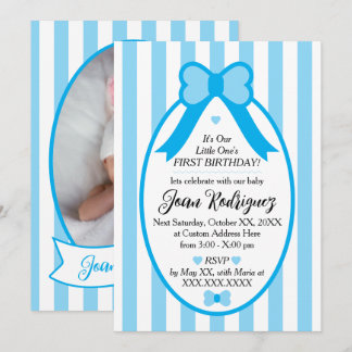 Little One Bow 1st Birthday Photo Invitations
