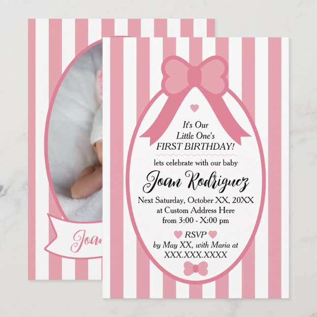 Little One Bow 1st Birthday Photo Invitations (Devant / Derrière)