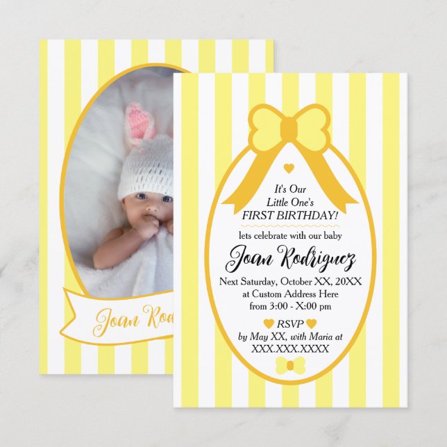 Little One Bow 1st Birthday Photo Invitations (Front/Back)