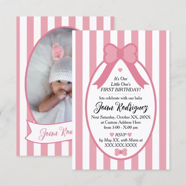 Little One Bow 1st Birthday Photo Invitations (Front/Back)