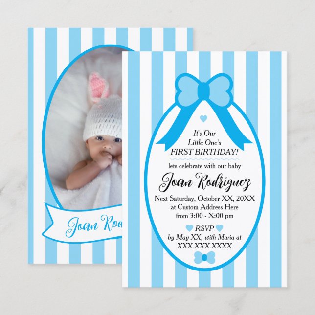 Little One Bow 1st Birthday Photo Invitations (Front/Back)