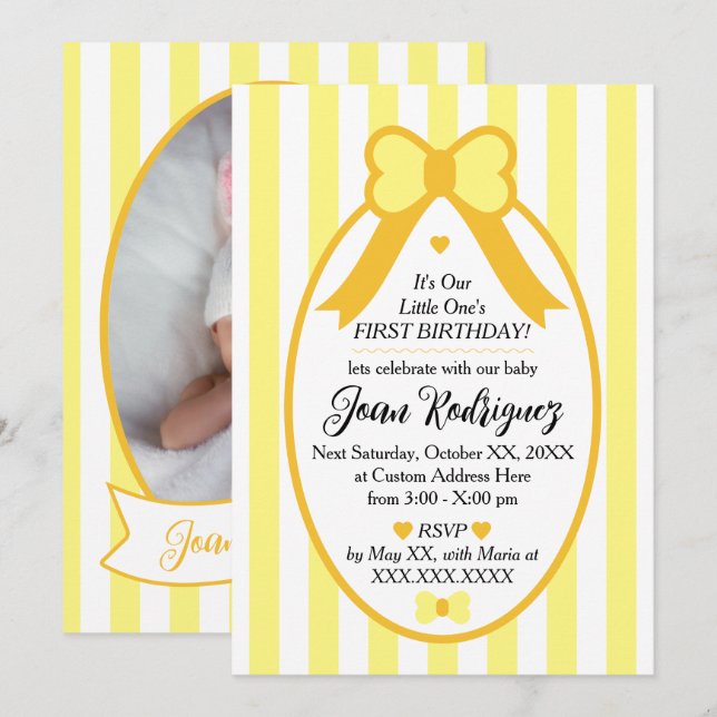 Little One Bow 1st Birthday Photo Invitations (Front/Back)