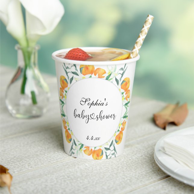 Little orange baby shower paper cups (Insitu)