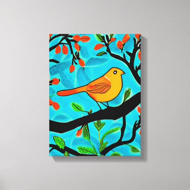 Little Orange Bird on a Flowering Branch Canvas Print (Front)