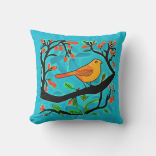 Little Orange Bird on a Flowering Branch Outdoor Pillow