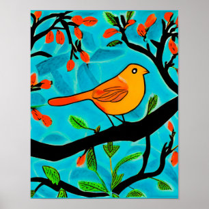 Little Orange Bird on a Flowering Branch Poster