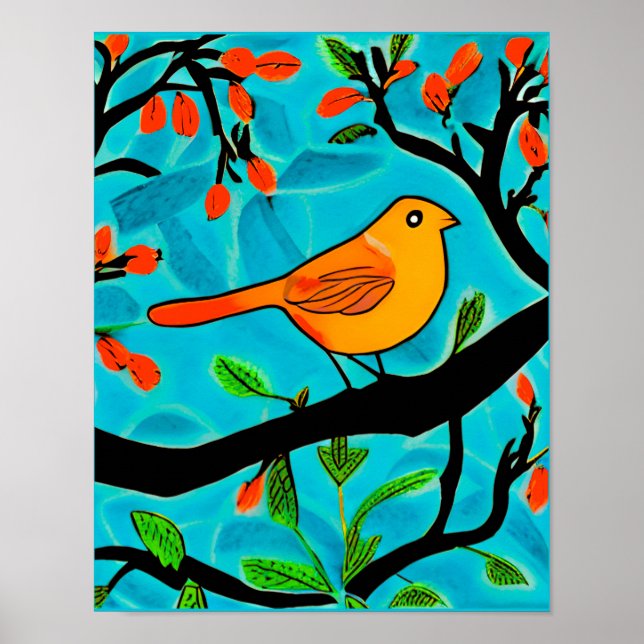 Little Orange Bird on a Flowering Branch Poster (Front)