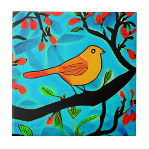 Little Orange Bird on a Flowering Branch Tile