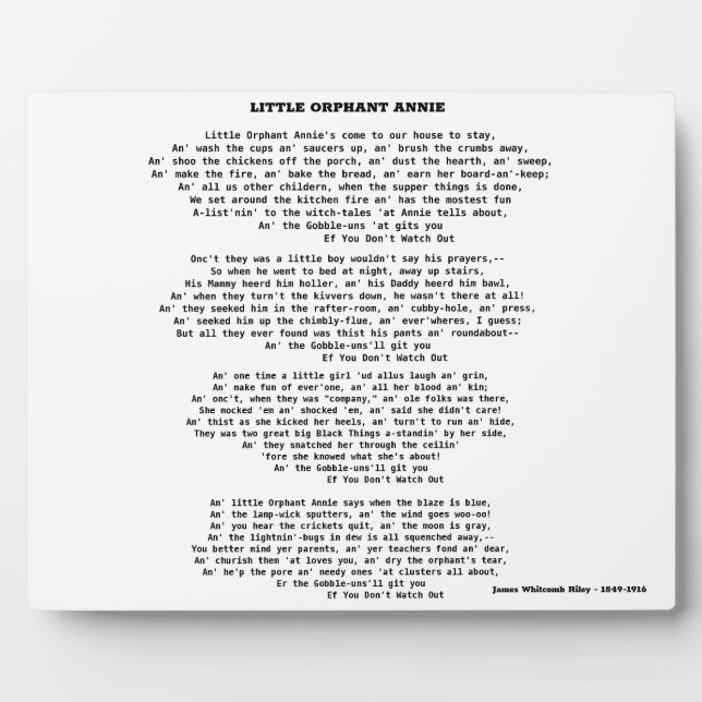 LITTLE ORPHANT ANNIE POEM PLAQUE (Front)