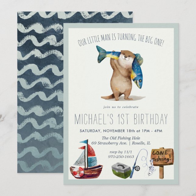 Little Otter Pêche 1er Anniversaire Invitation (Devant / Derrière)