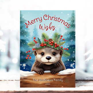 Little Otter Peeking Holly & Pine Merry Christmas Holiday Card