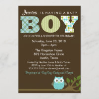 Little Owl Baby Boy Shower Invitation, Pattern