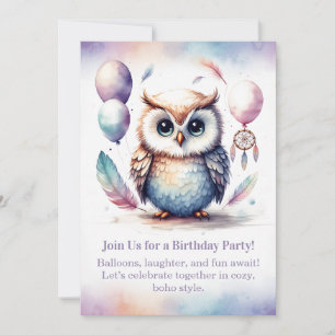 Little Owl Birthday Invitation Woodland Boho 