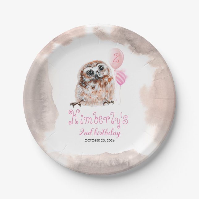 Little Owl Cute Pink Birthday Paper Plate (Front)