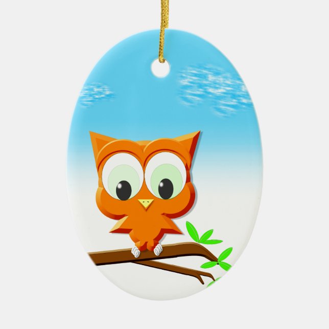 Little Owl on a Branch Ceramic Ornament (Front)
