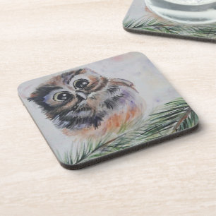 Little Owl Watercolor Painting Beverage Coaster