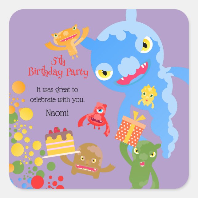 Little Party Monster and confetti Birthday Party Square Sticker (Front)